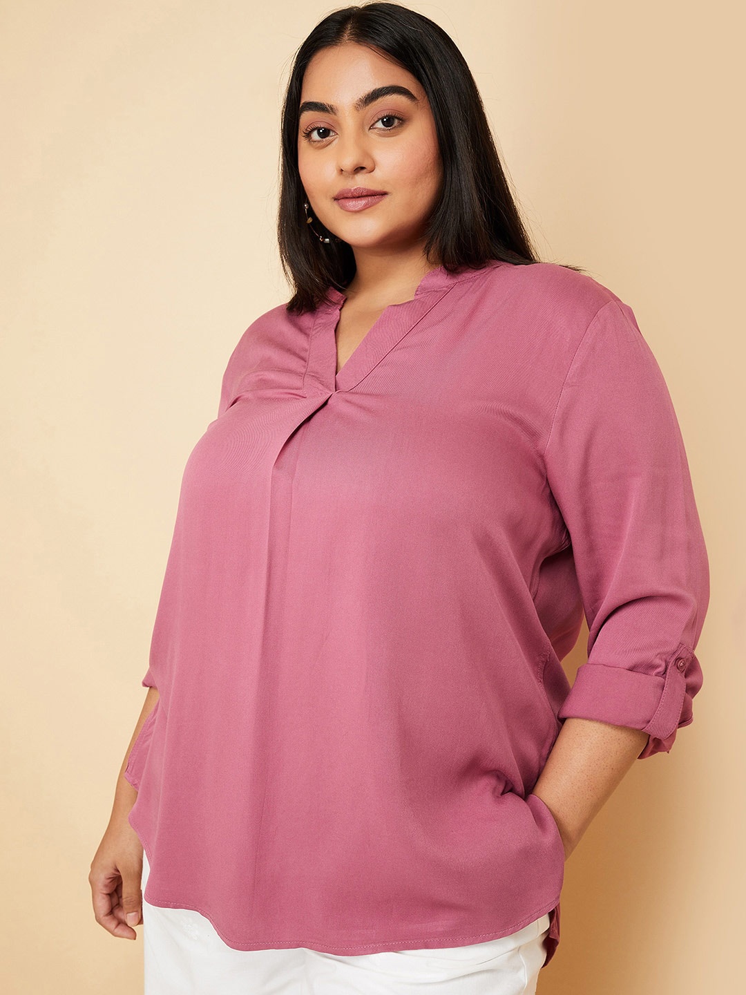 

max Mandarin Collar Roll-Up Sleeves Top, Pink