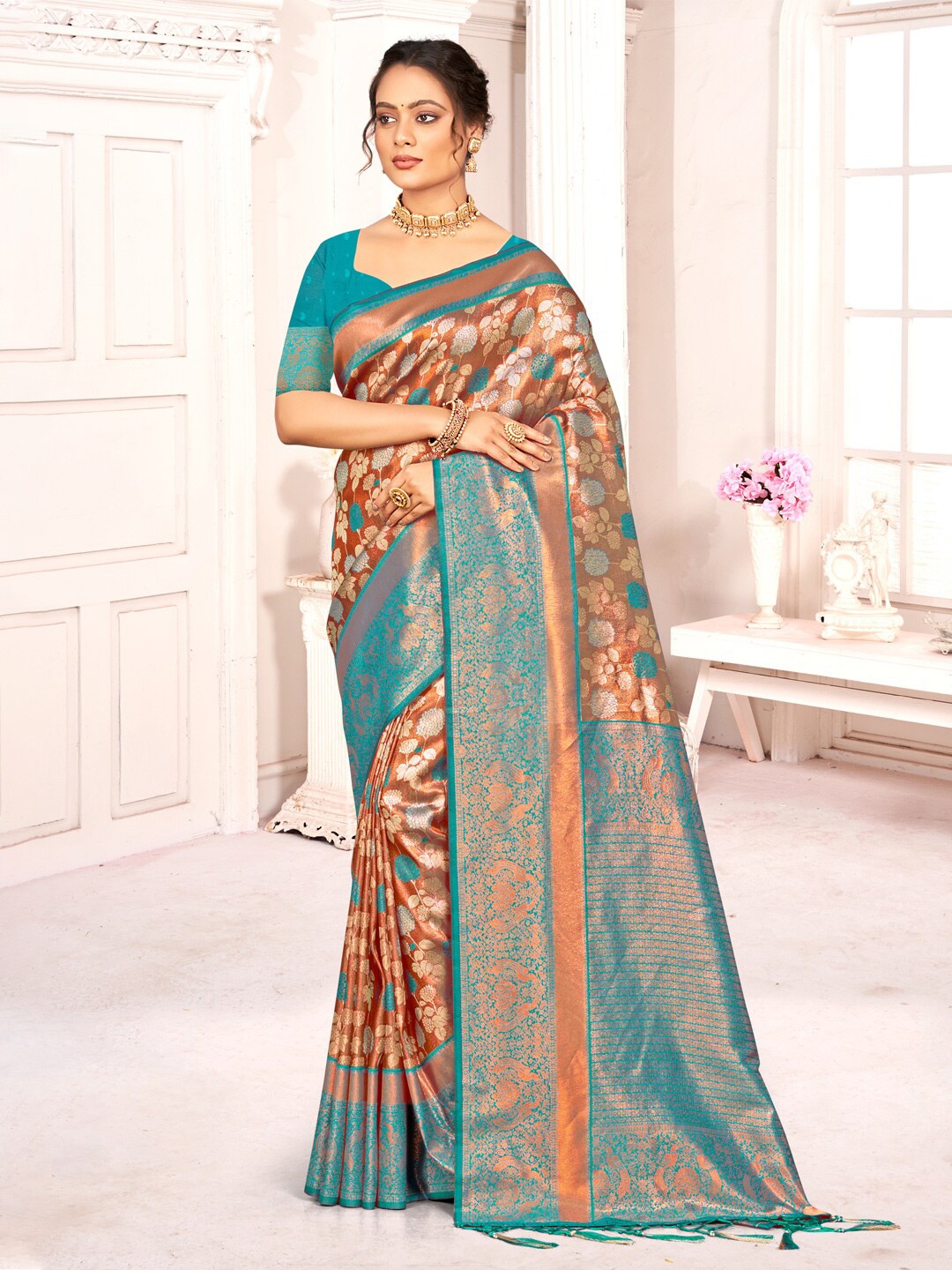 

SANGAM PRINTS Ethnic Motifs Woven Design Zari Saree, Brown