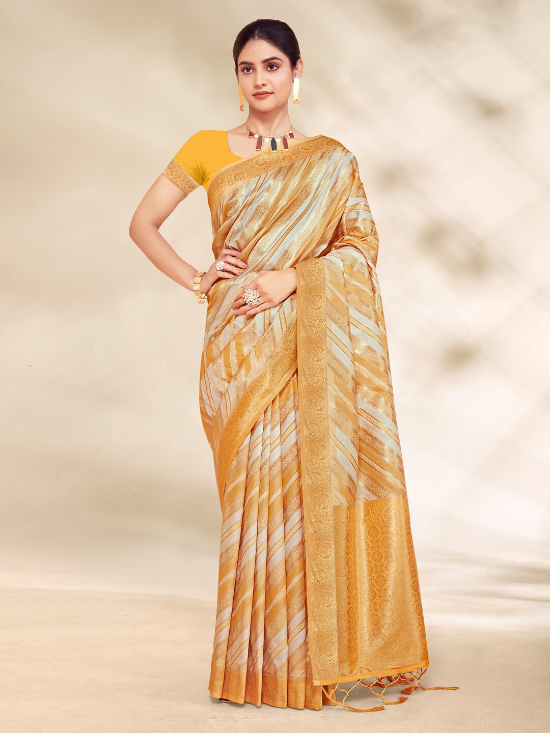 

SANGAM PRINTS Striped Zari Saree, Mustard