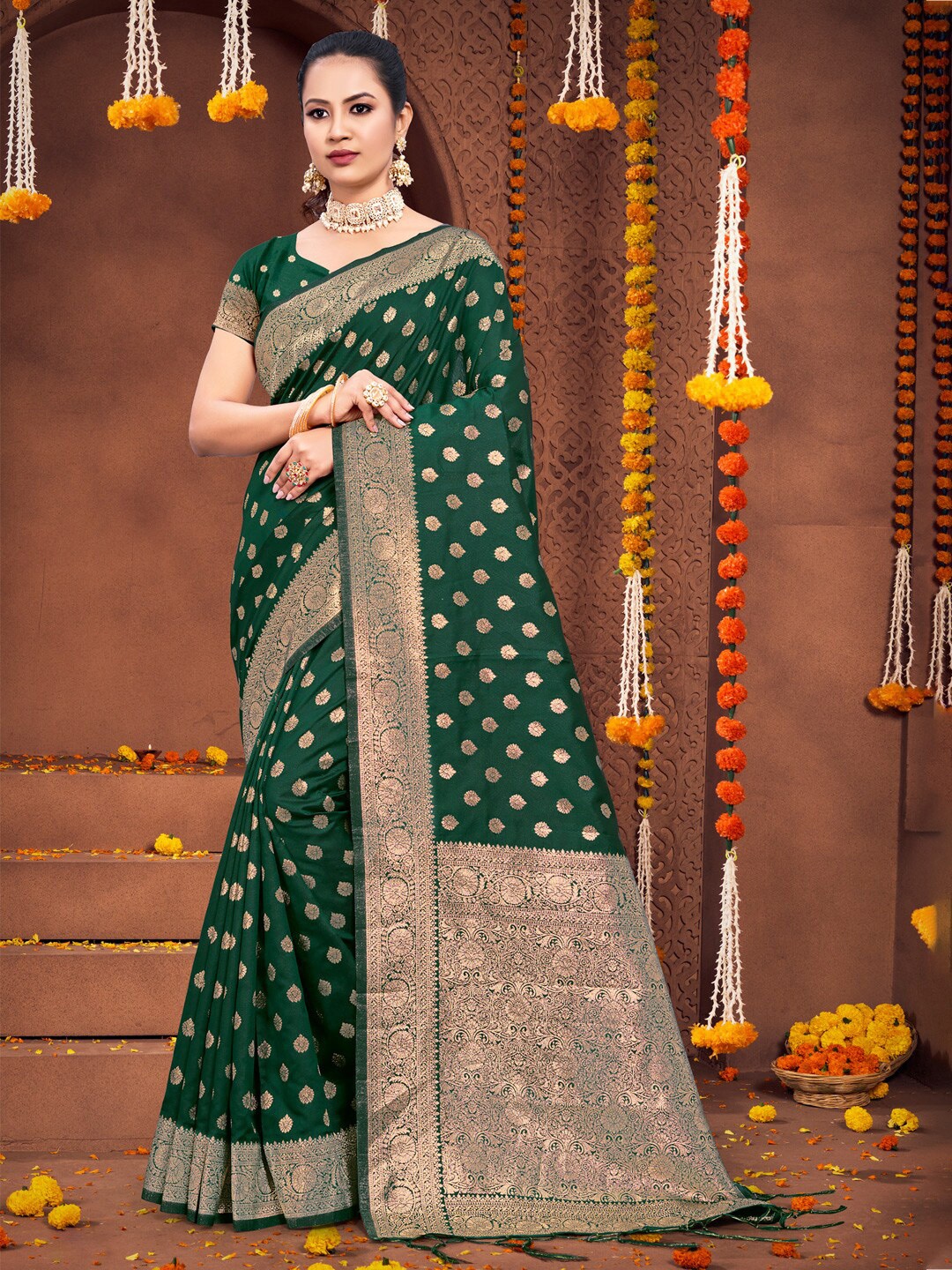 

SANGAM PRINTS Ethnic Motifs Woven Design Zari Saree, Green