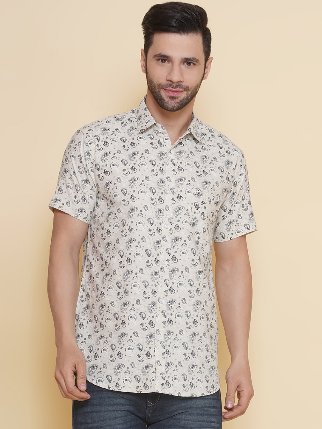 

LOUIS MONARCH Men Comfort Opaque Printed Formal Shirt, Cream