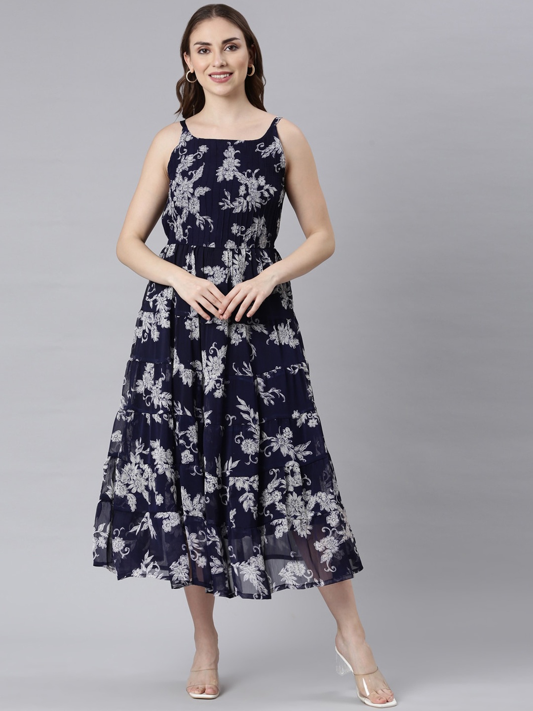 

Souchii Floral Printed A-Line Midi Dresses, Navy blue