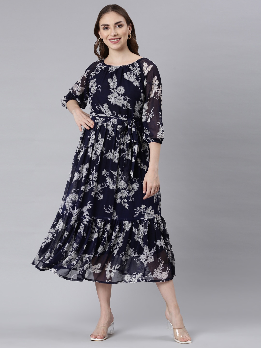 

Souchii Floral Printed Tiered Fit and Flare Midi Ethnic Dress, Blue