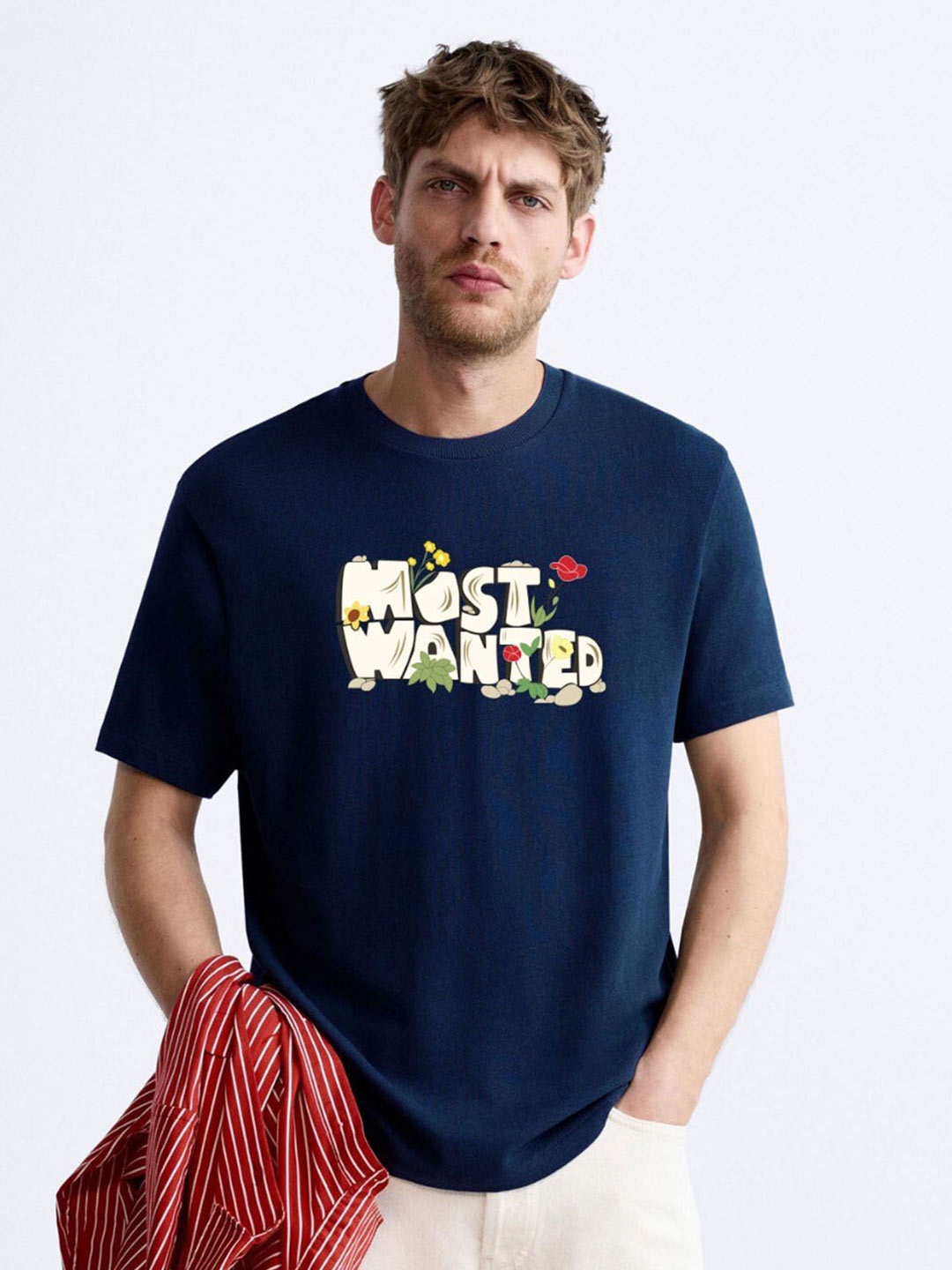 

MISCHIEF MONKEY Men Typography Printed Applique T-shirt, Navy blue