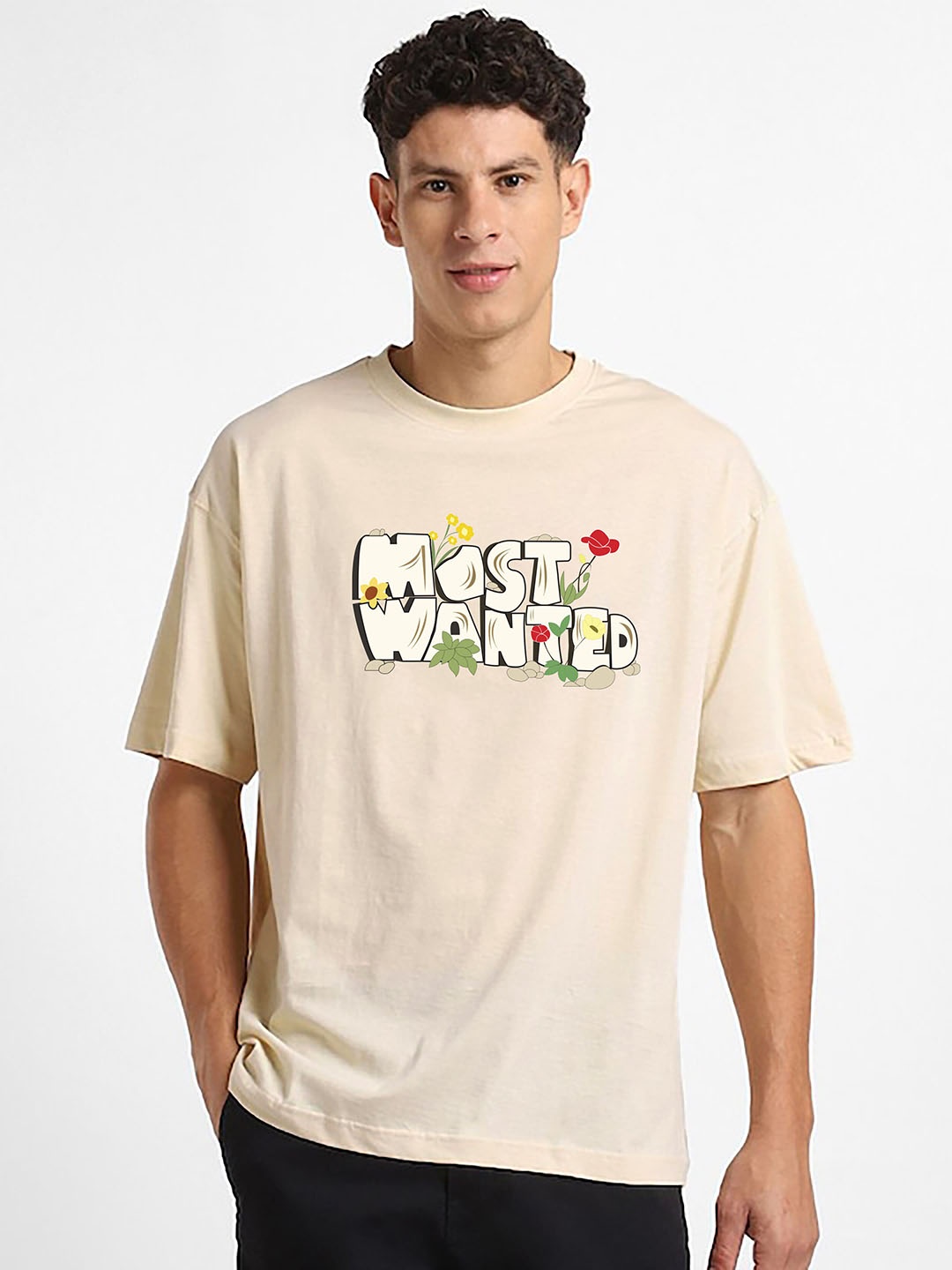 MISCHIEF MONKEY Men Typography Printed Applique T-shirt, Beige