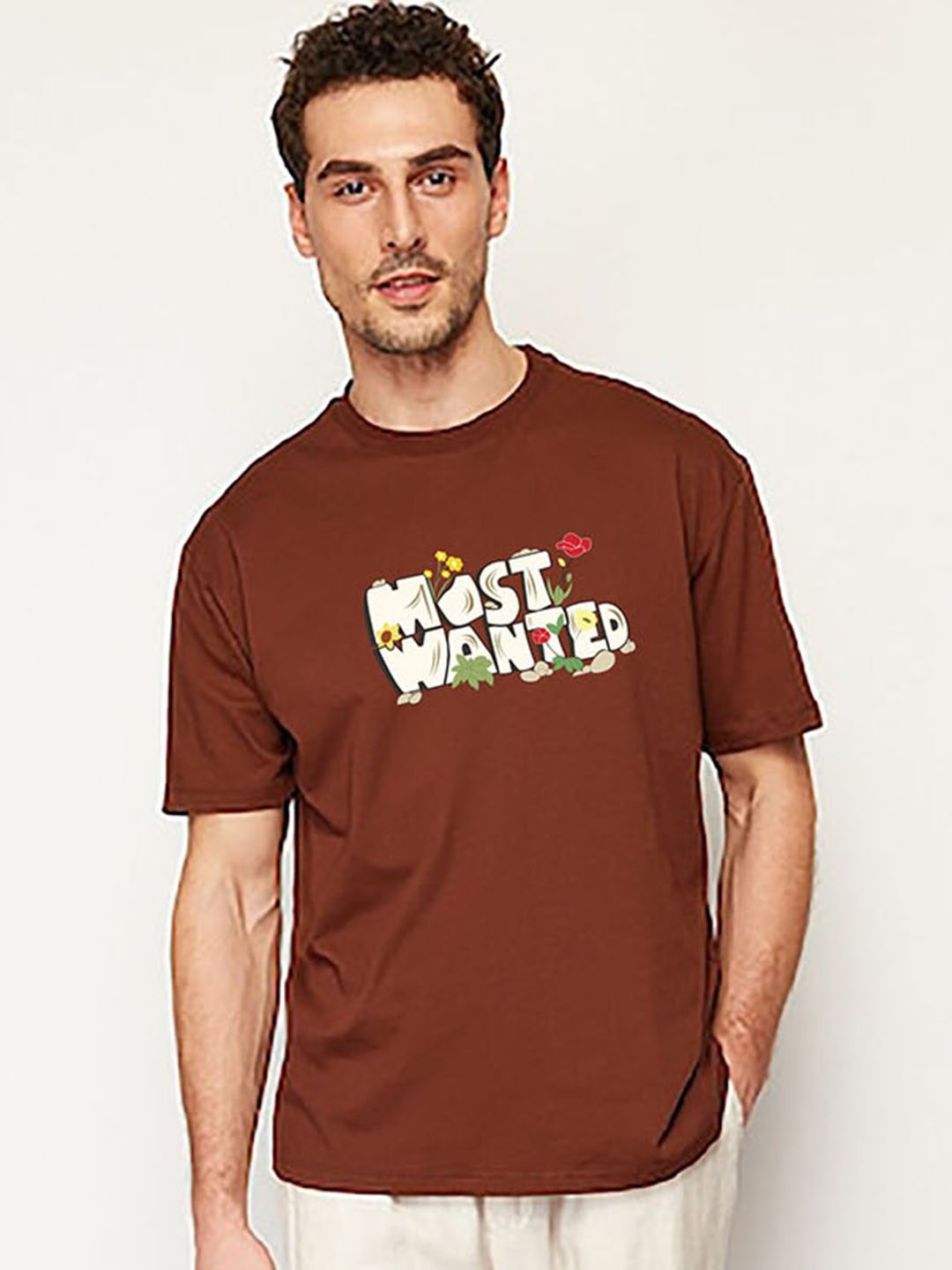 MISCHIEF MONKEY Men Typography Printed Applique T-shirt, Coffee brown
