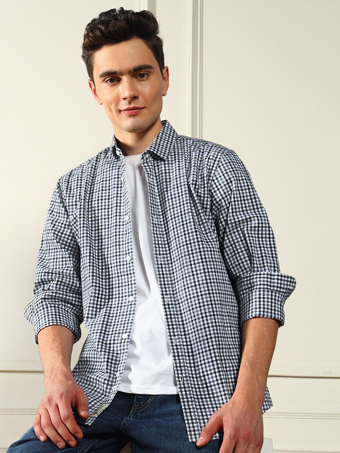 

Dennis Lingo Men Gingham Checks Opaque Checked Casual Shirt, Blue