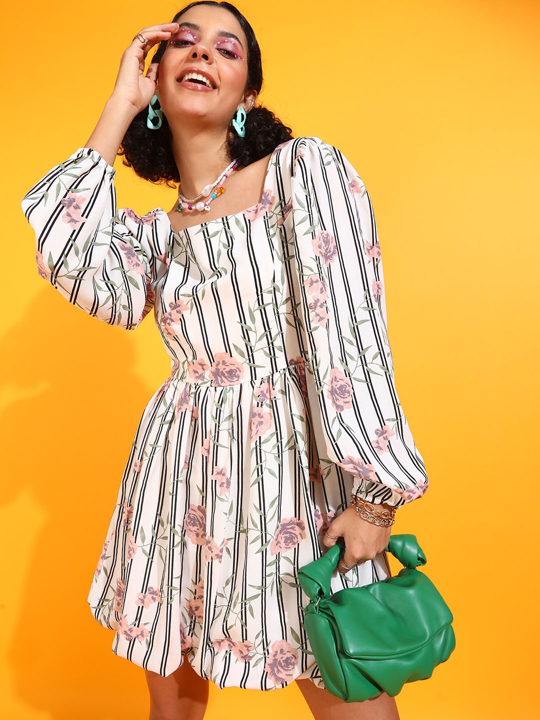 

RARE Women Floral Print Puff Sleeve Fit & Flare Dress, Off white