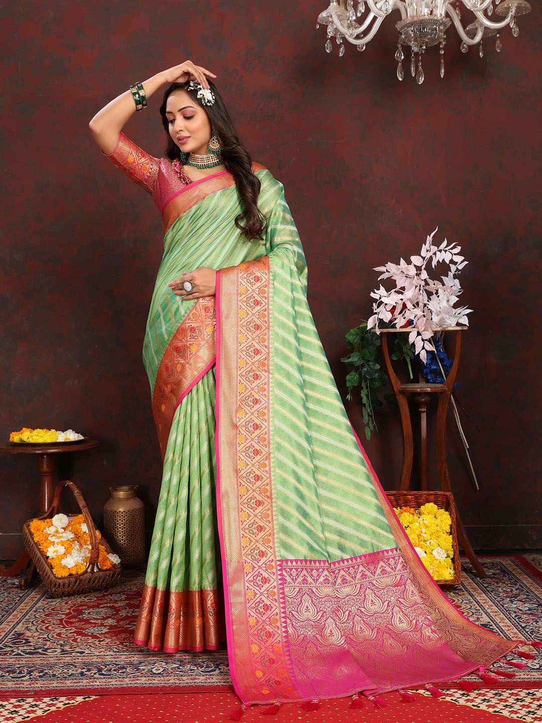 

PHEASANT Striped Zari Organza Leheriya Saree, Green