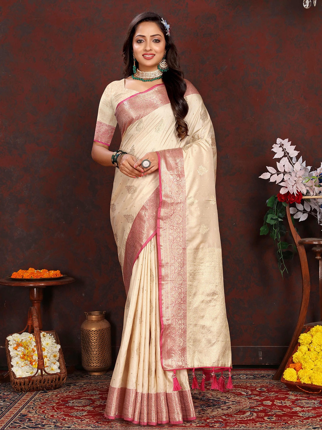 

PHEASANT Ethnic Motifs Woven Design Zari Banarasi Saree, Cream