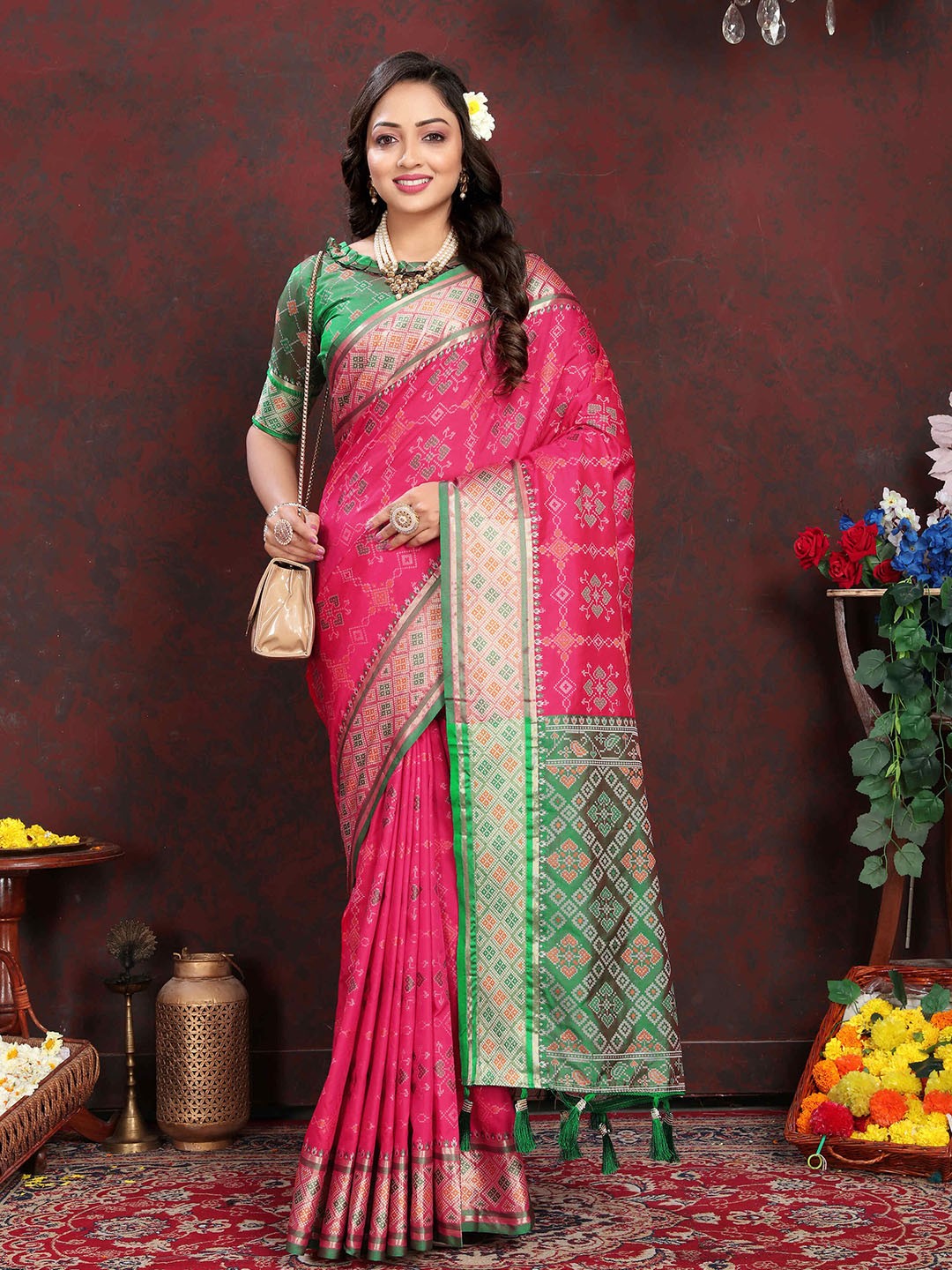 

PHEASANT Ethnic Motifs Woven Design Zari Patola Saree, Pink