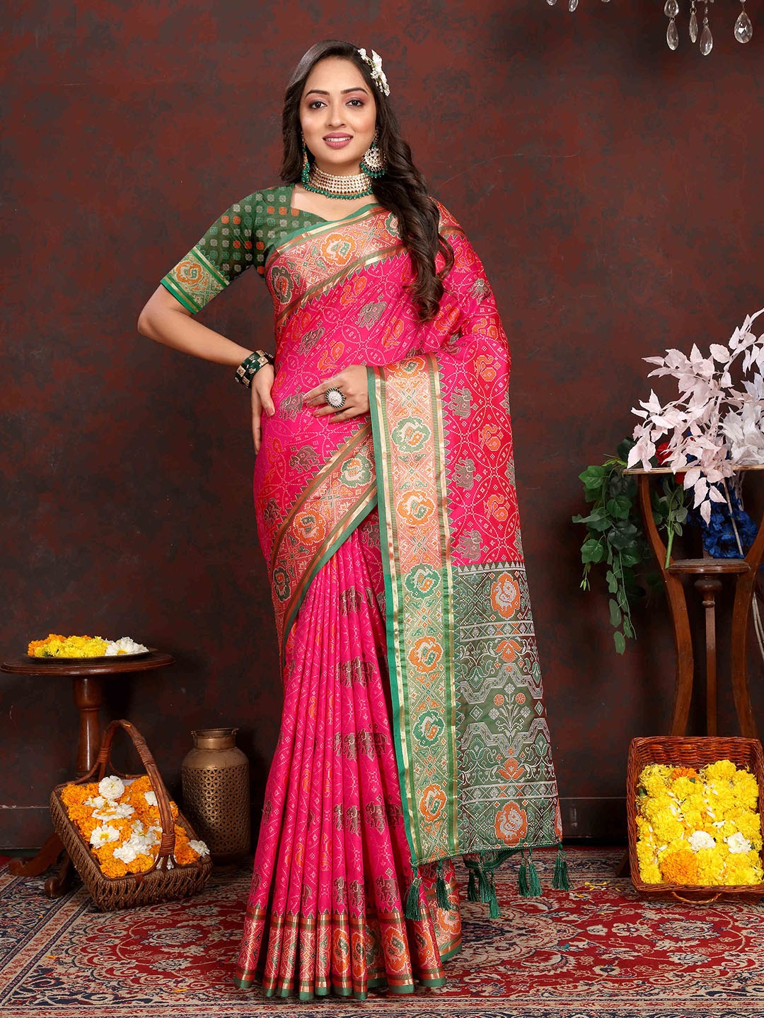 

PHEASANT Ethnic Motifs Woven Design Zari Patola Saree, Pink
