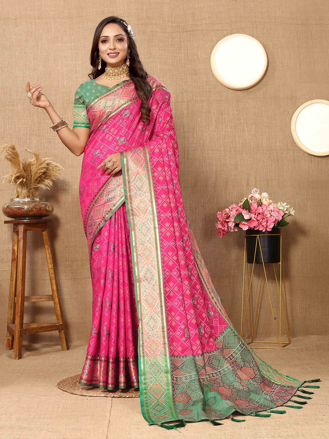 

PHEASANT Ethnic Motifs Woven Design Zari Patola Saree, Pink