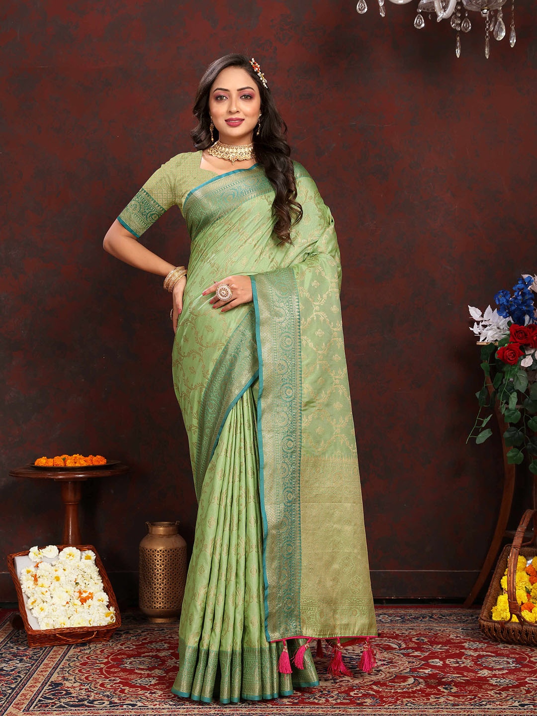 

PHEASANT Ethnic Motifs Woven Design Zari Banarasi Saree, Sea green