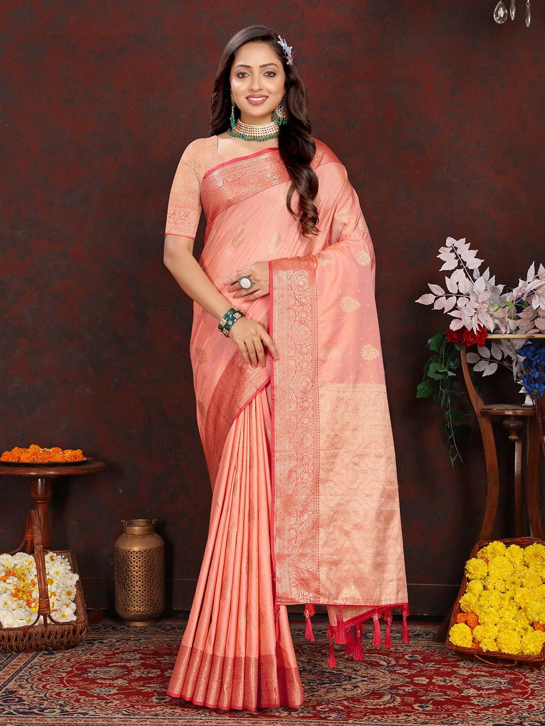 

PHEASANT Ethnic Motifs Woven Design Zari Banarasi Saree, Peach