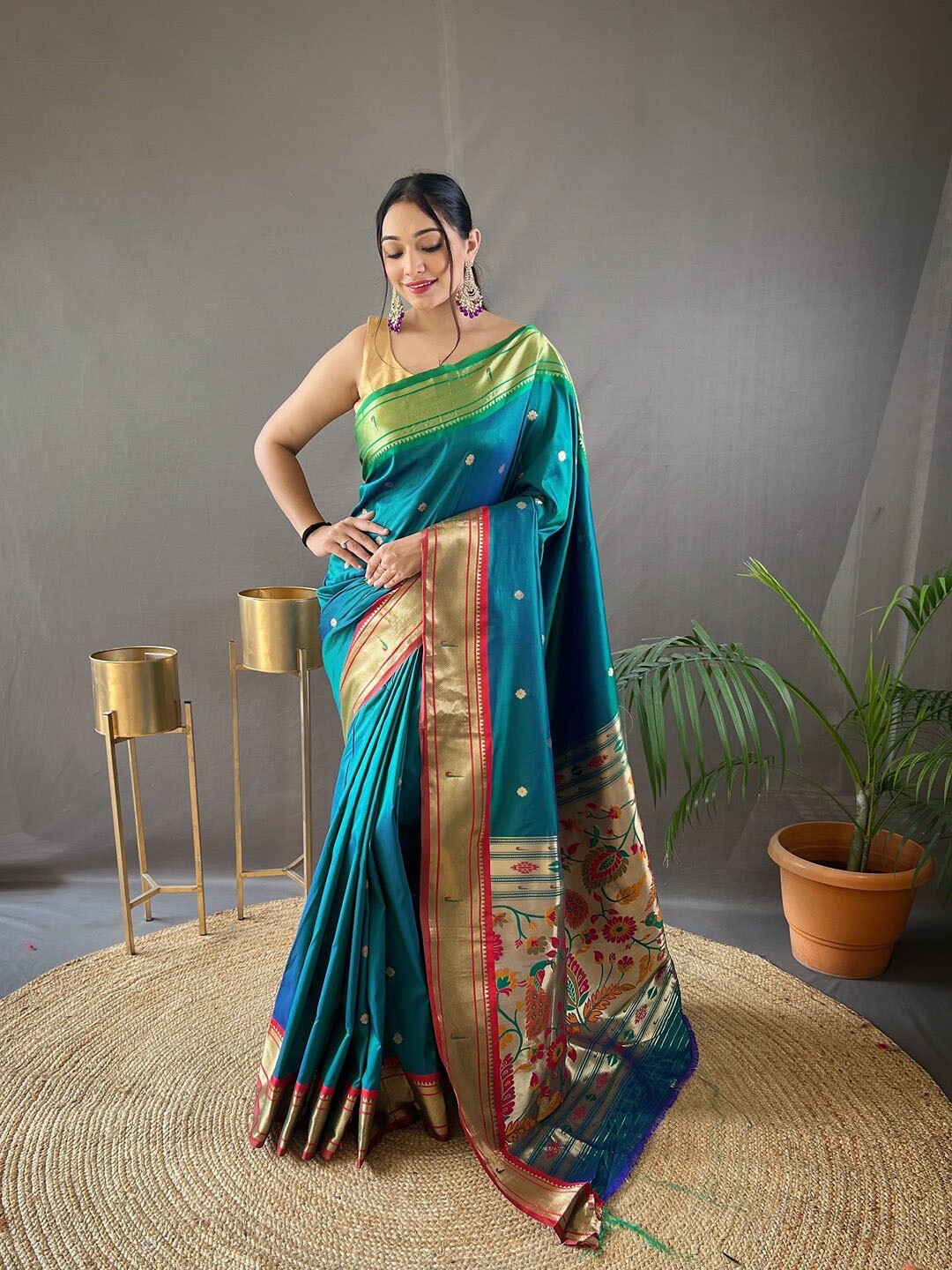 

SGF11 Woven Design Pure Zari Heavy Work Paithani Kanjeevaram Silk Saree, Blue