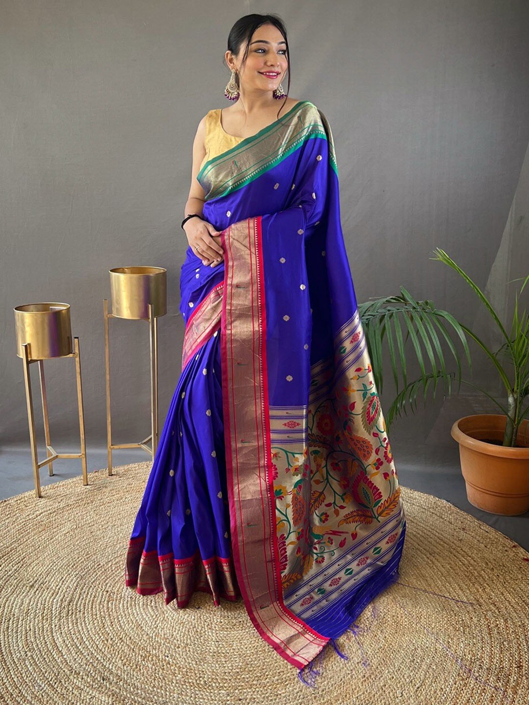 

SGF11 Woven Design Pure Zari Heavy Work Paithani Kanjeevaram Silk Saree, Blue