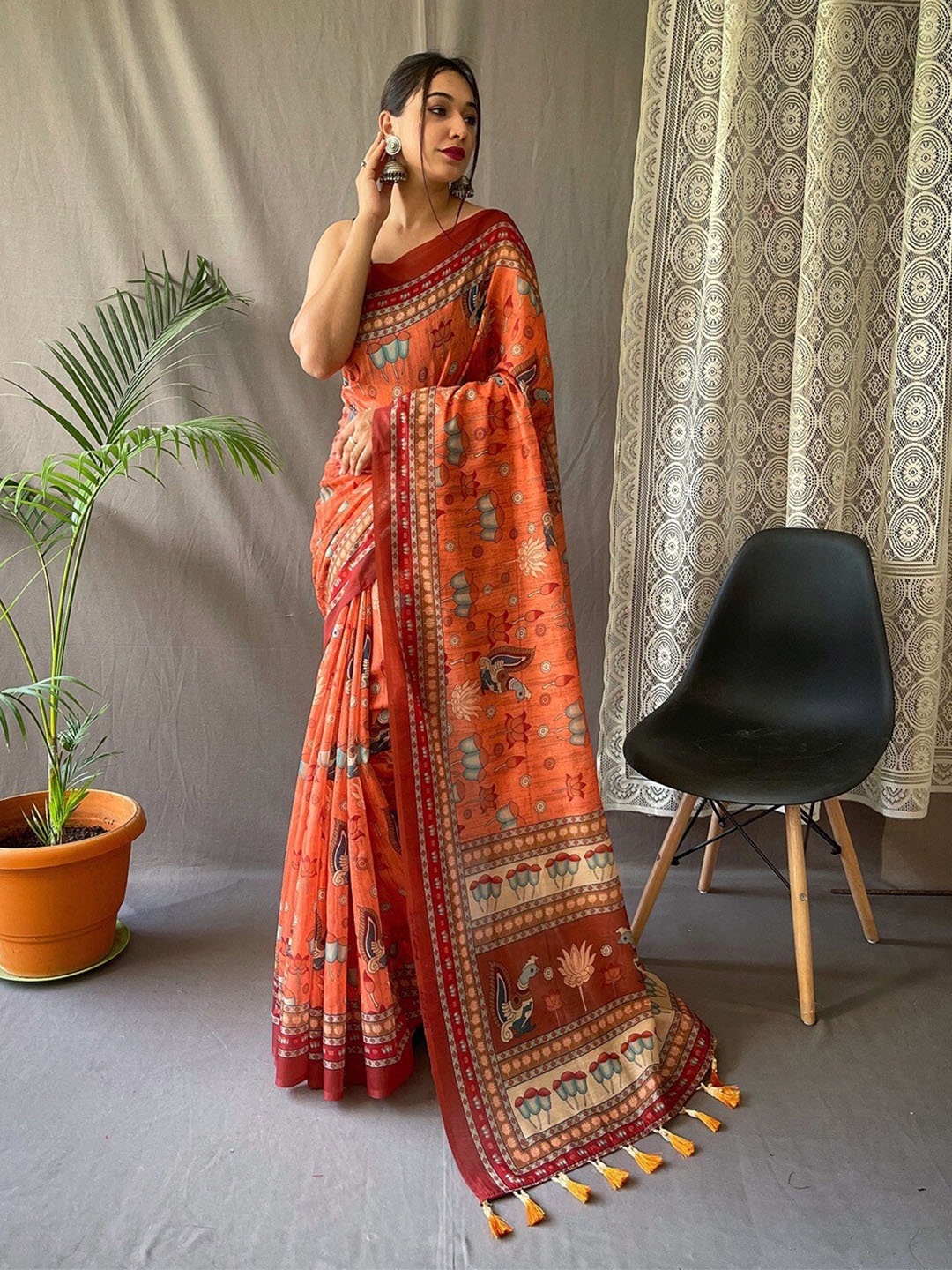 

SGF11 Kalamkari Printed Silk Cotton Chanderi Saree, Orange