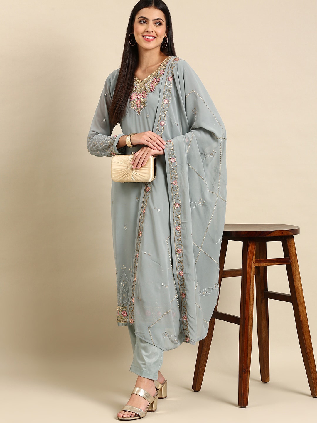 

KALINI Floral Regular Thread Work Silk Straight Georgette Kurta with Trousers & Dupatta, Grey