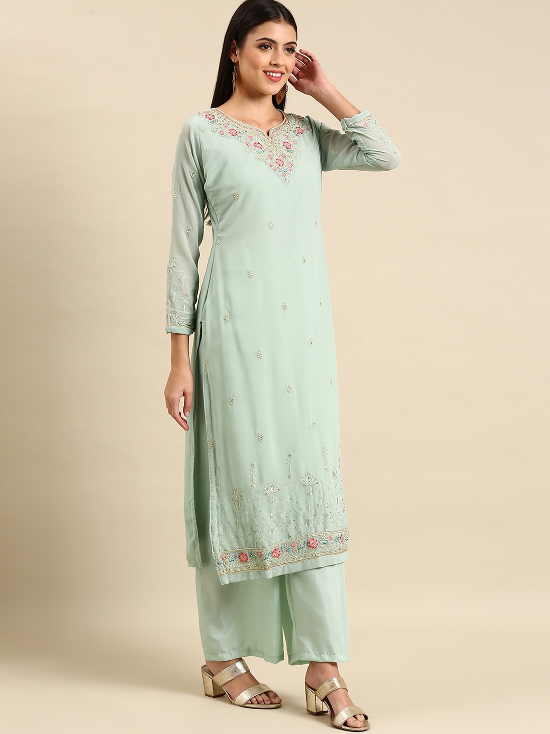 

KALINI Floral Embroidered Thread Work Silk Georgette Kurta with Palazzos & Dupatta, Green