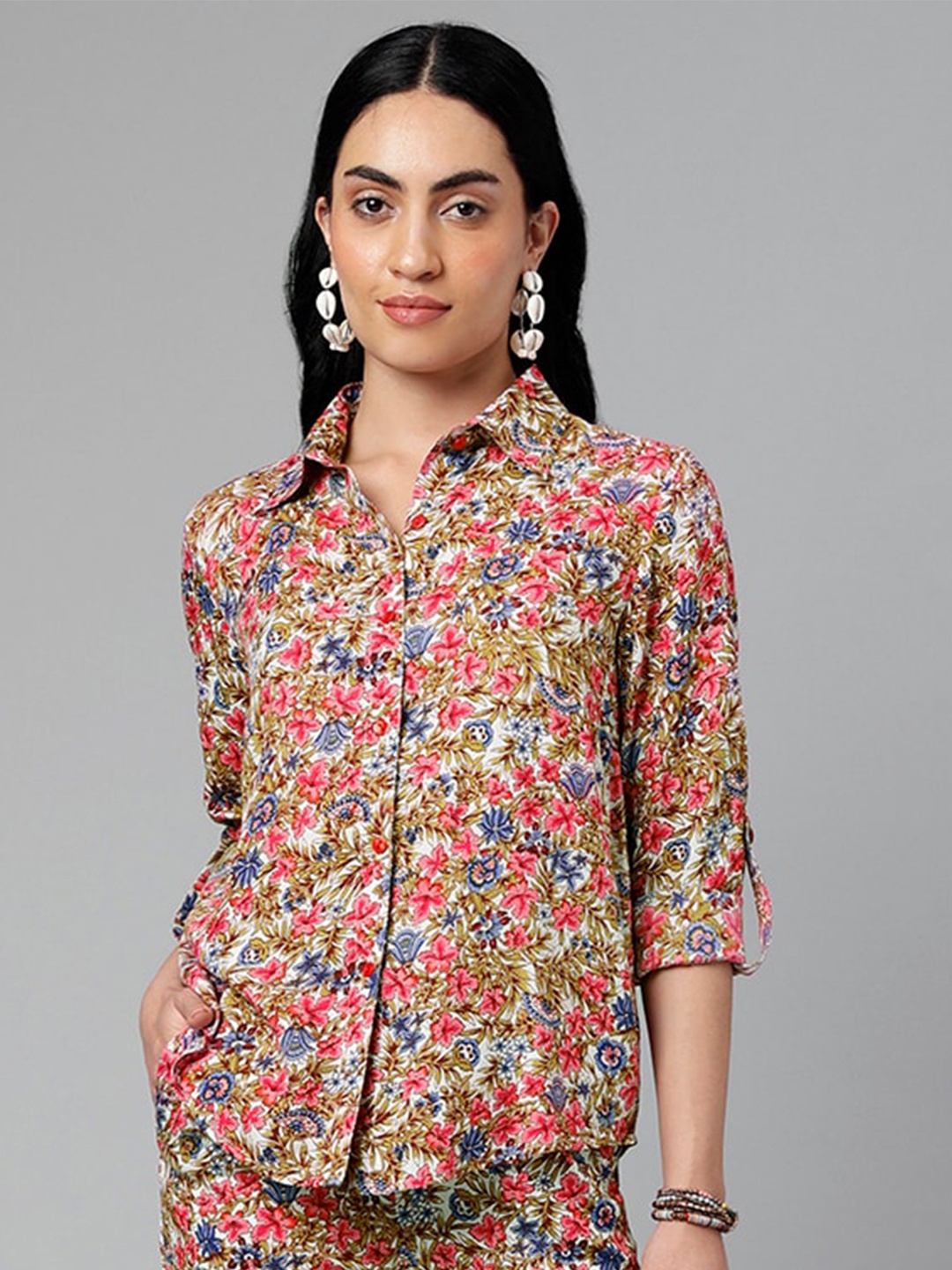 

I Love She Women Classic Floral Opaque Printed Casual Shirt, Red