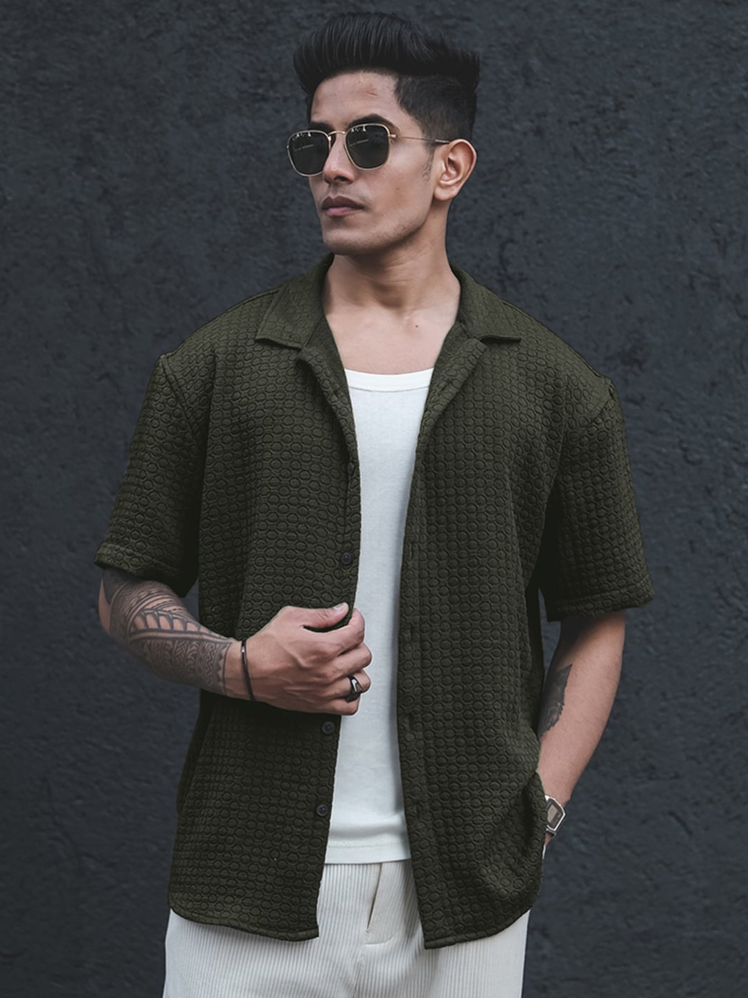

Powerlook Men Grid Tattersall Checks Opaque Checked Casual Shirt, Olive