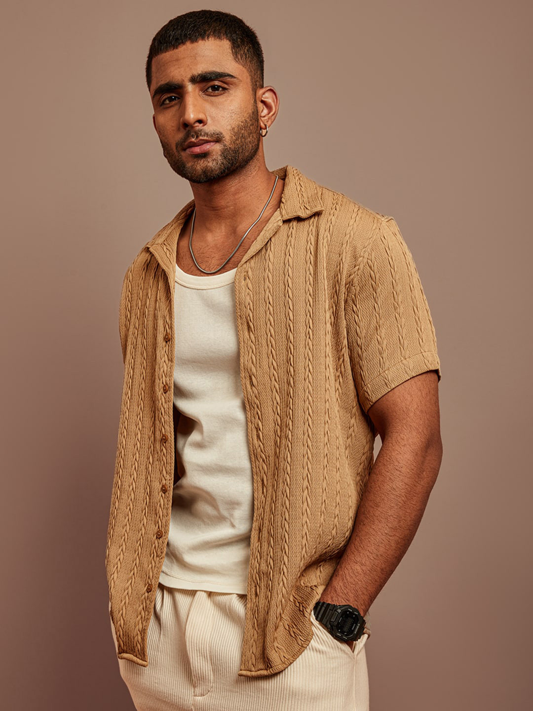 

Powerlook Men Opaque Printed Casual Shirt, Camel brown