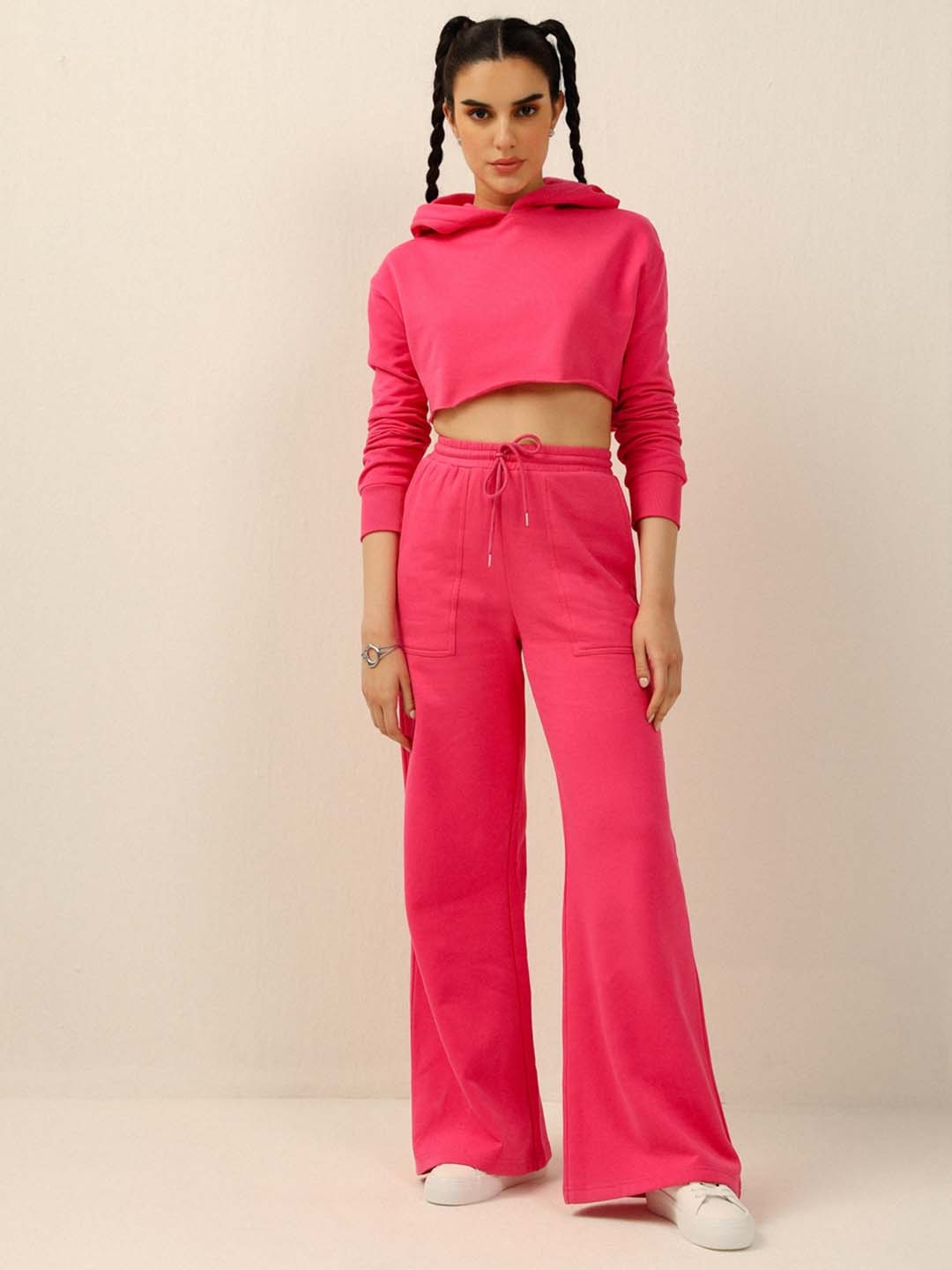 

DEBSTREET Hooded Cotton Crop Pullover, Pink
