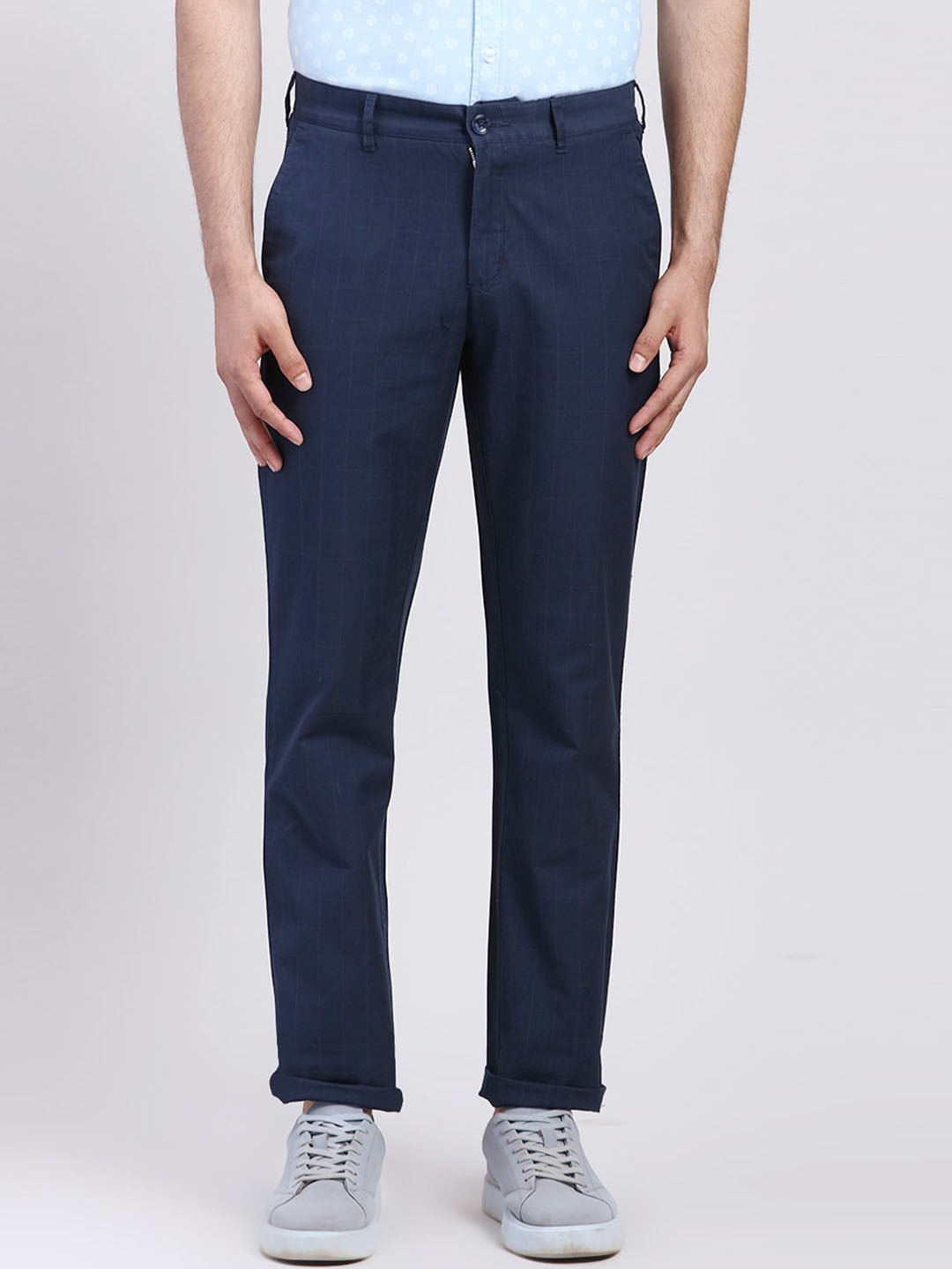 

ColorPlus Men Checked Cotton Slim Fit Trousers, Blue
