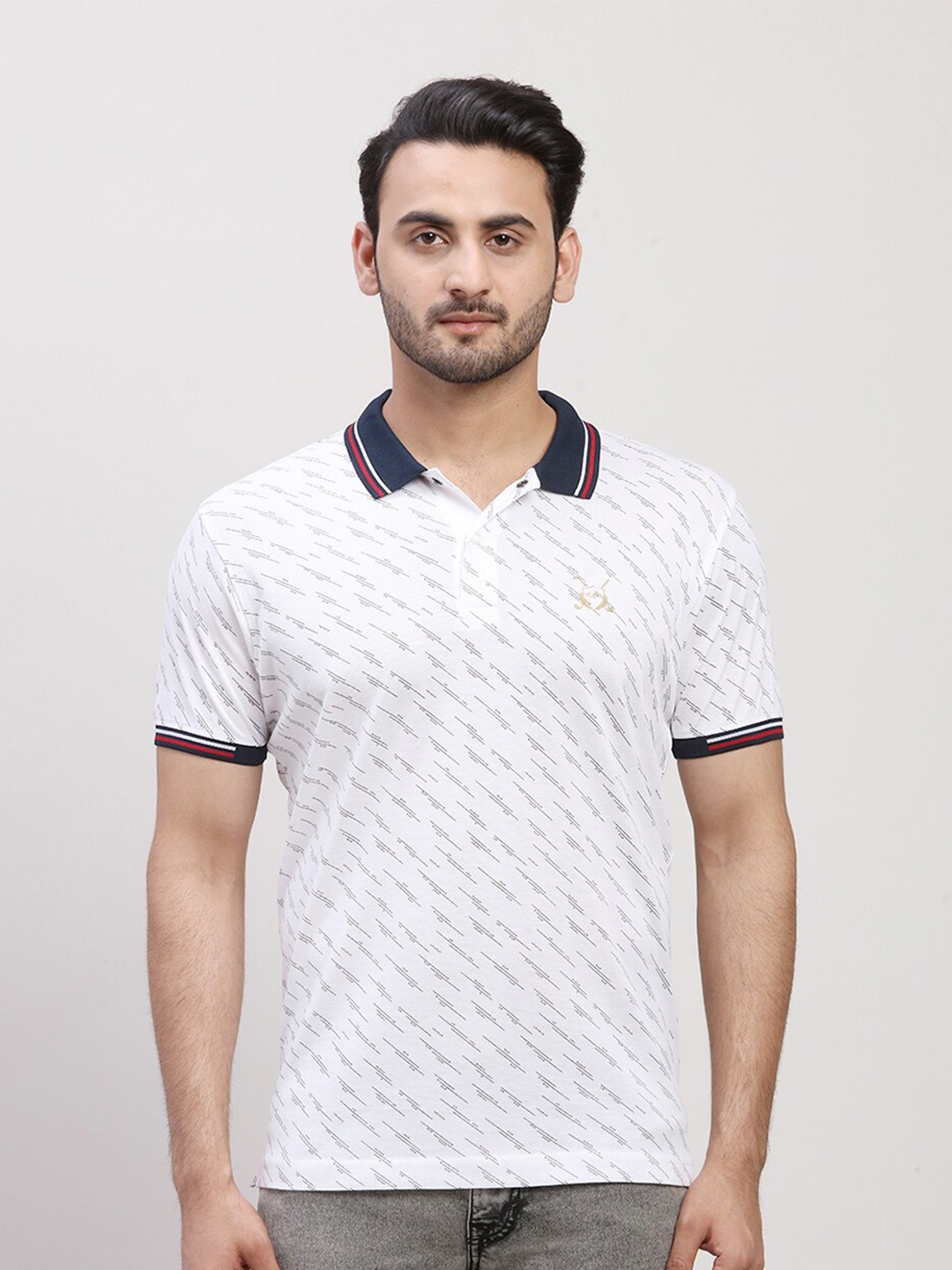 ColorPlus Men Striped Polo Collar Pockets T-shirt, White