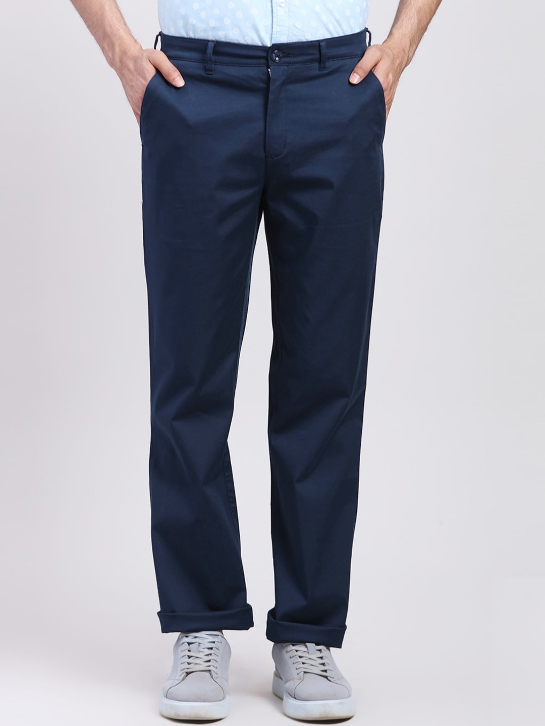 

ColorPlus Men Solid Mid-Rise Trousers, Blue