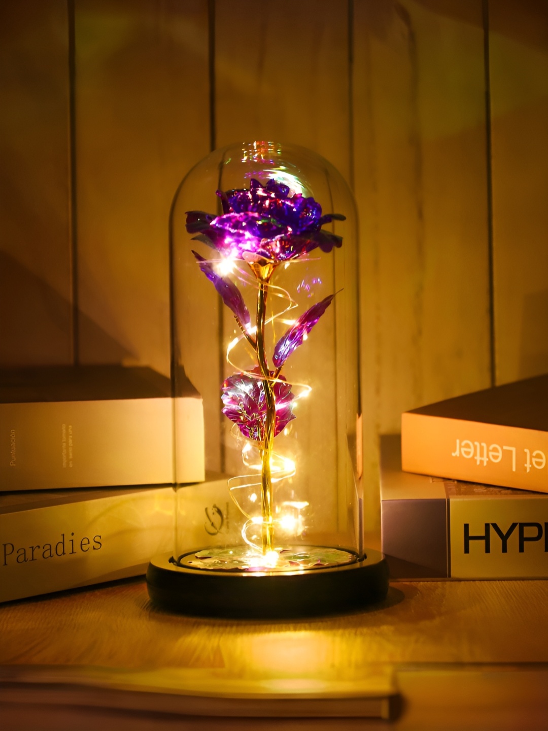 

Gleevers Gold Toned & Purple Rose With Teddy Bear & LED Light In A Borosilicate Glass Dome