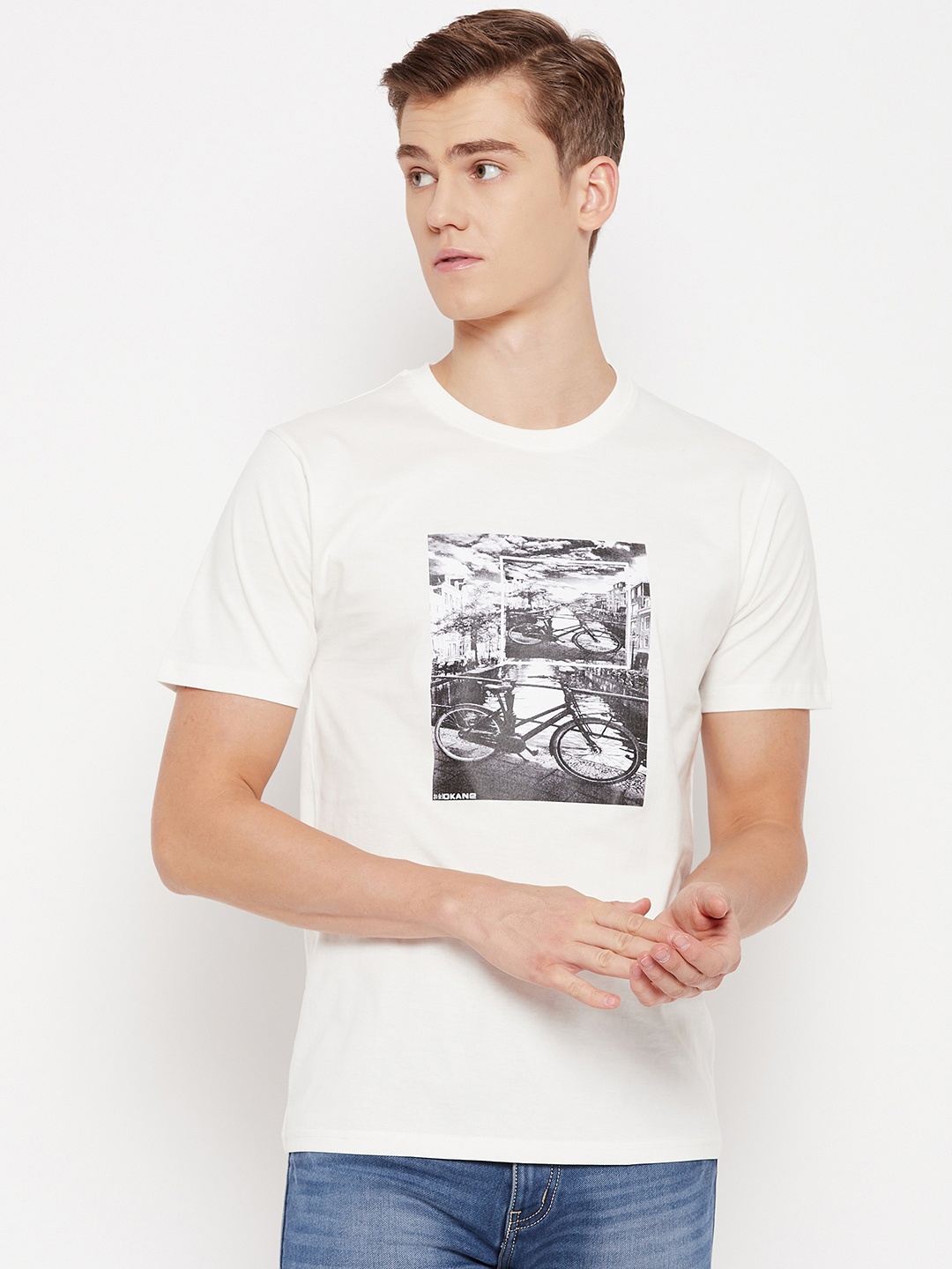 

Okane Men Typography Printed Applique T-shirt, White
