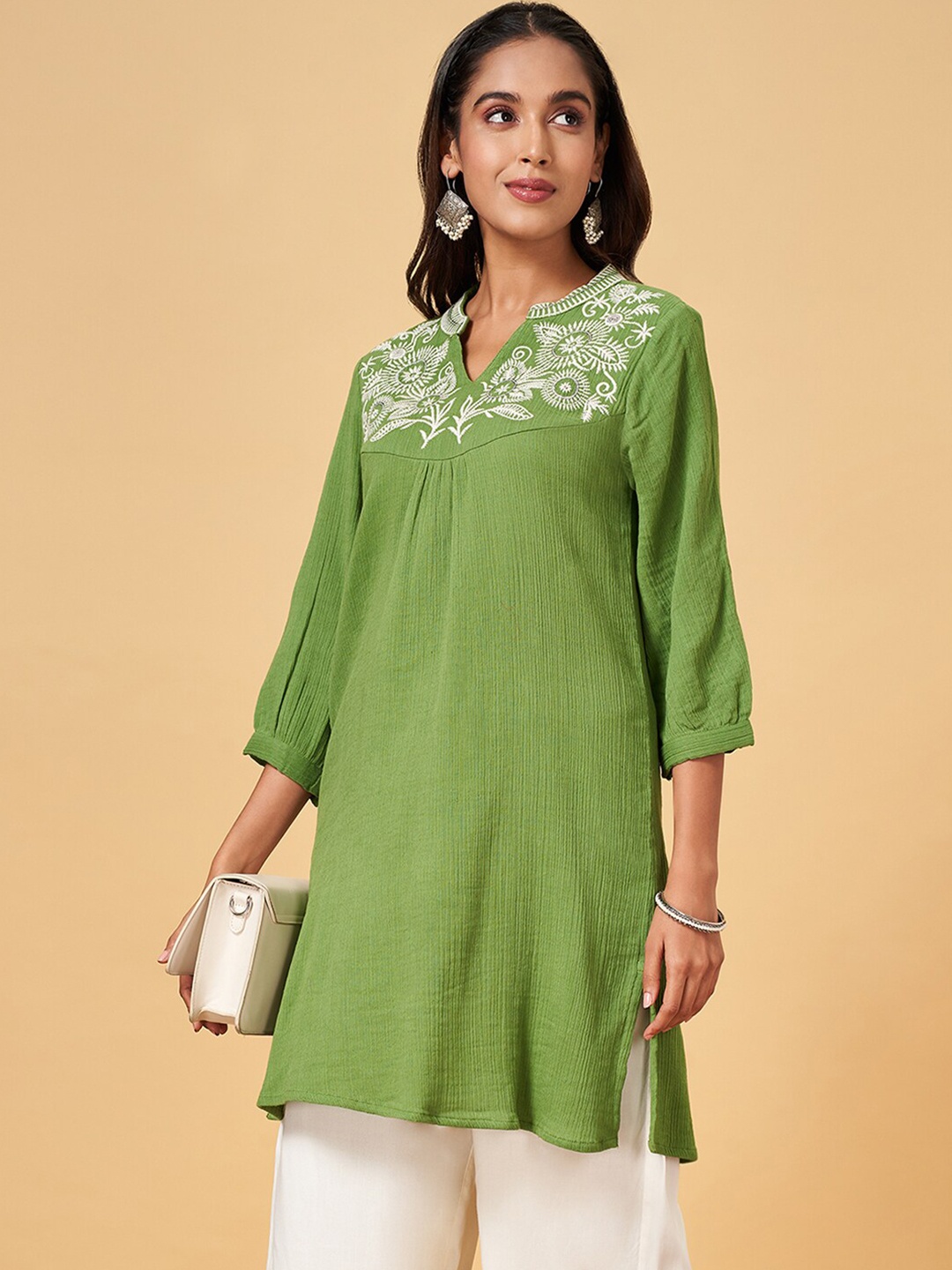 

YU by Pantaloons Mandarin Collar Pure Cotton Embroidered Tunic, Olive
