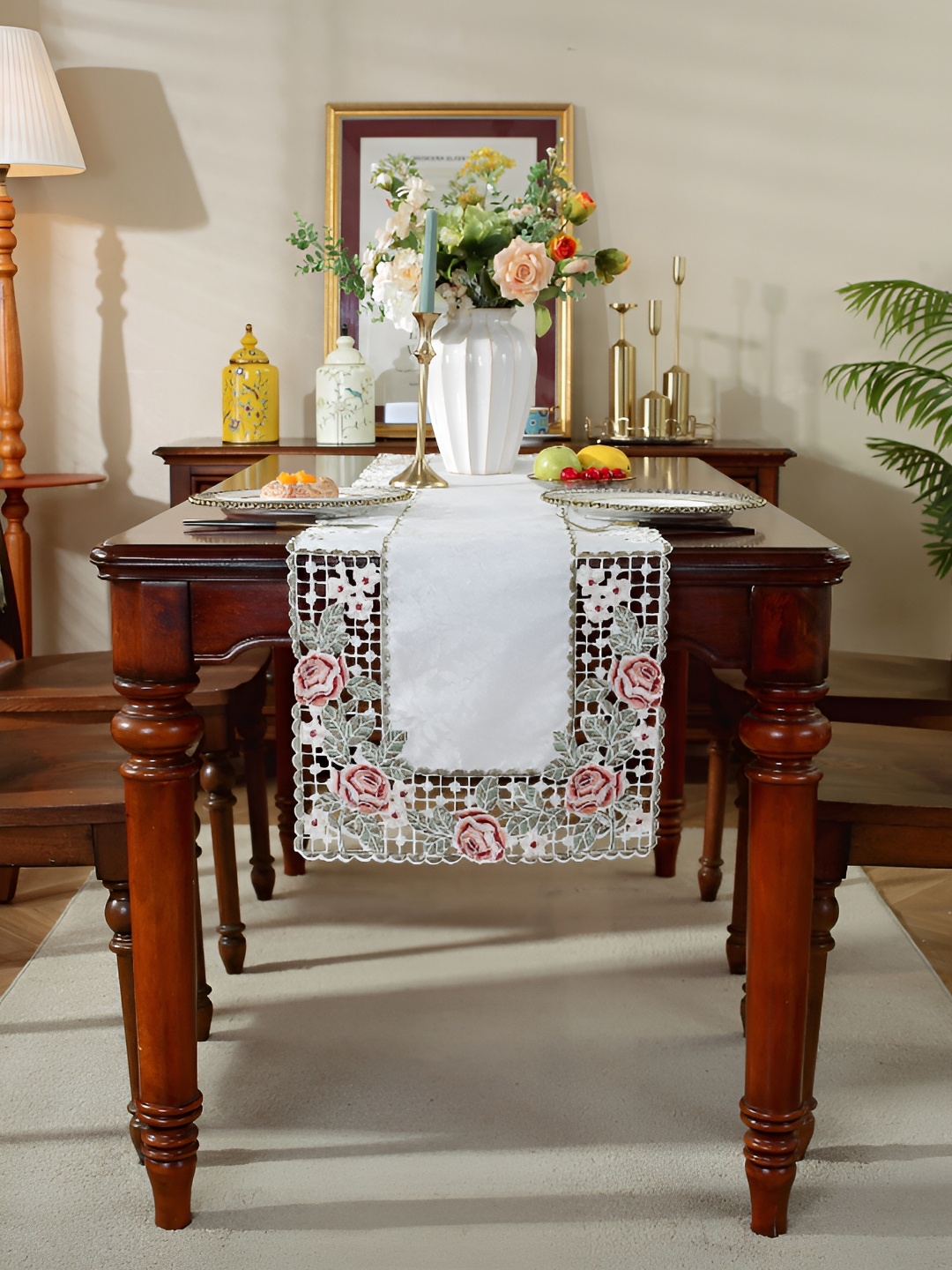 

MONKDECOR White & Green Floral Cutwork Table Runnner