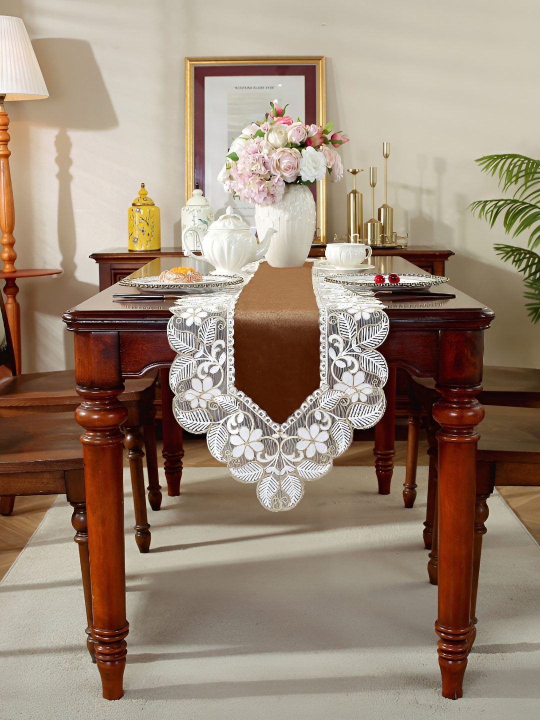 

MONKDECOR Brown & White Embroidered Table Runner