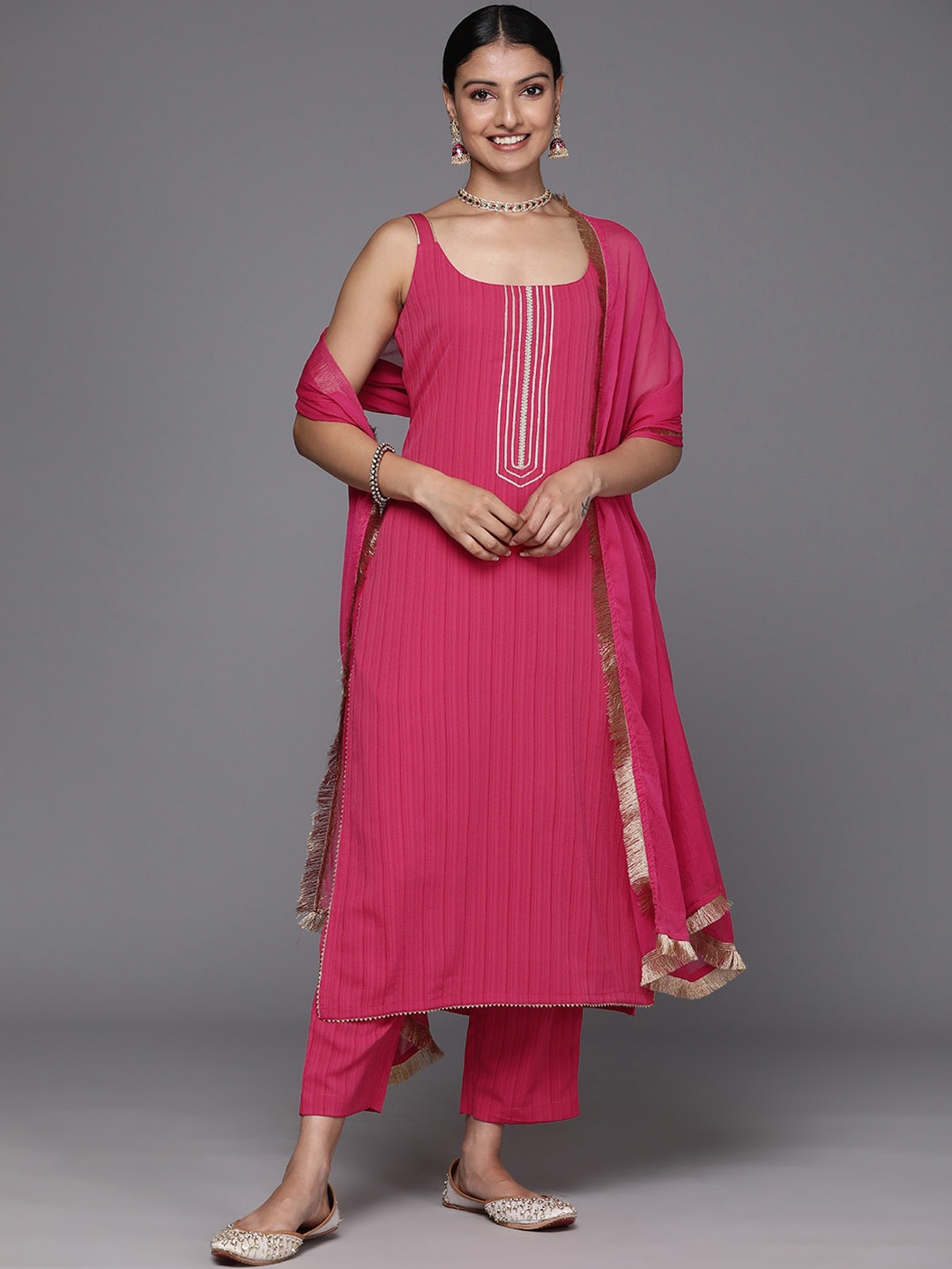 

Varanga Women Floral Yoke Design Straight Kurta with Trouser & Dupatta, Pink