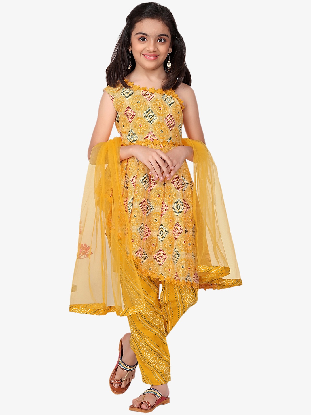 

BAESD Girls Floral Printed Thread Work Anarkali Kurta With Trouser & Dupatta, Yellow