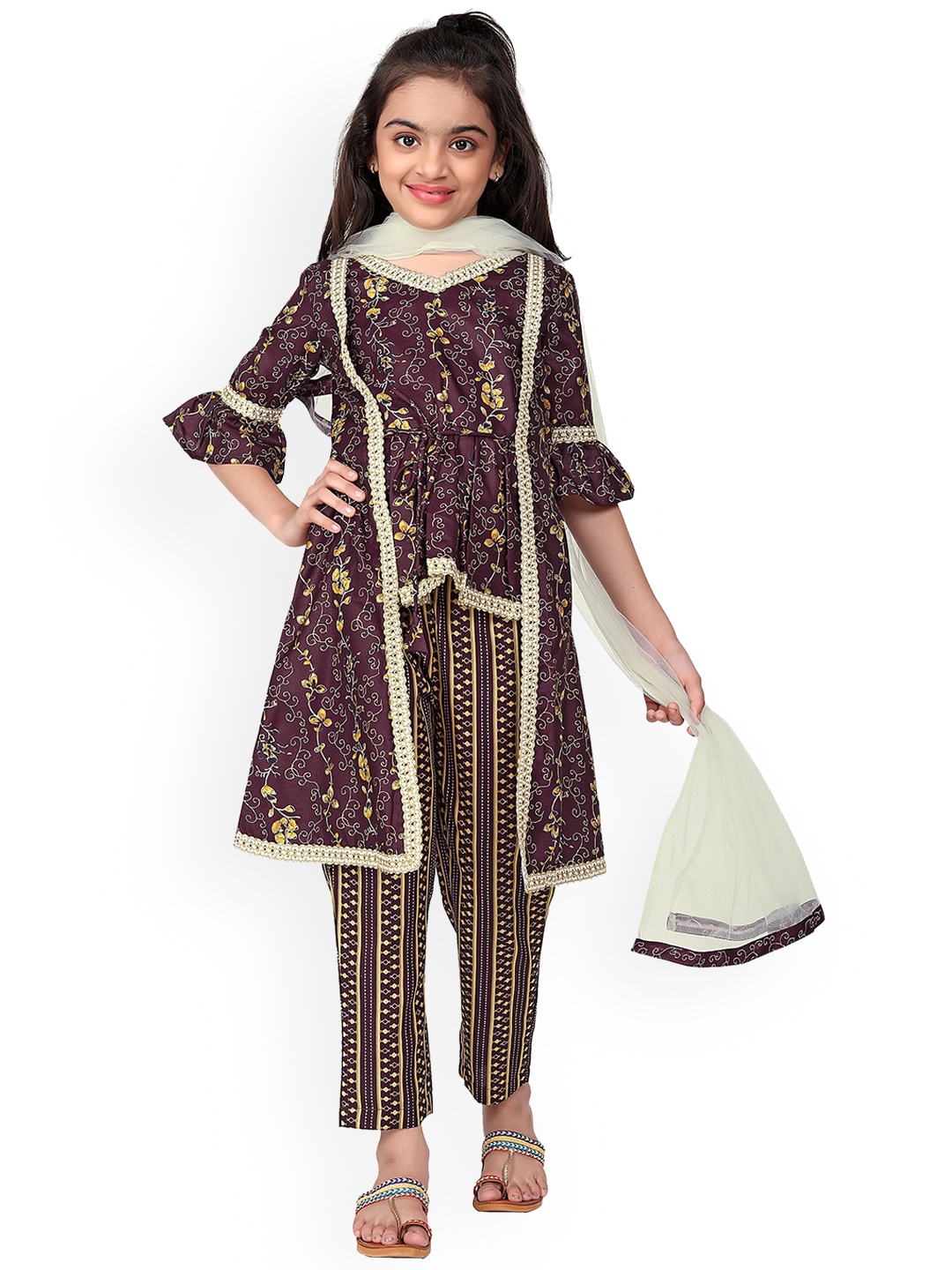 

BAESD Girls Floral Printed Regular Kurta With Trousers & Dupatta, Purple