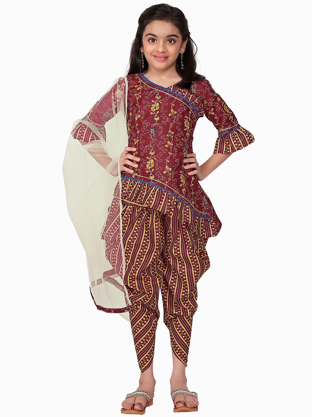 

BAESD Girls Floral Printed Angrakha Thread Work Kurta With Dhoti Pants & Dupatta, Maroon