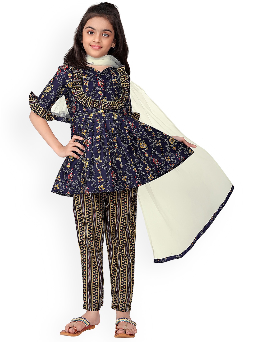 

BAESD Girls Floral Printed Pleated Kurti With Trousers & Dupatta, Navy blue