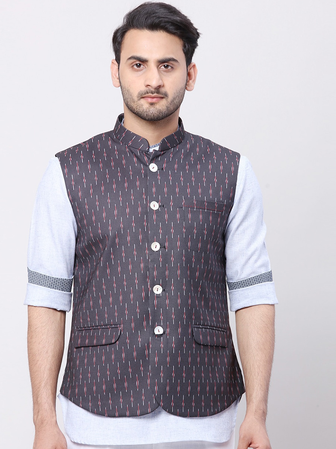 

Ethnix by Raymond Geometric Printed Woven Nehru Jacket, Black