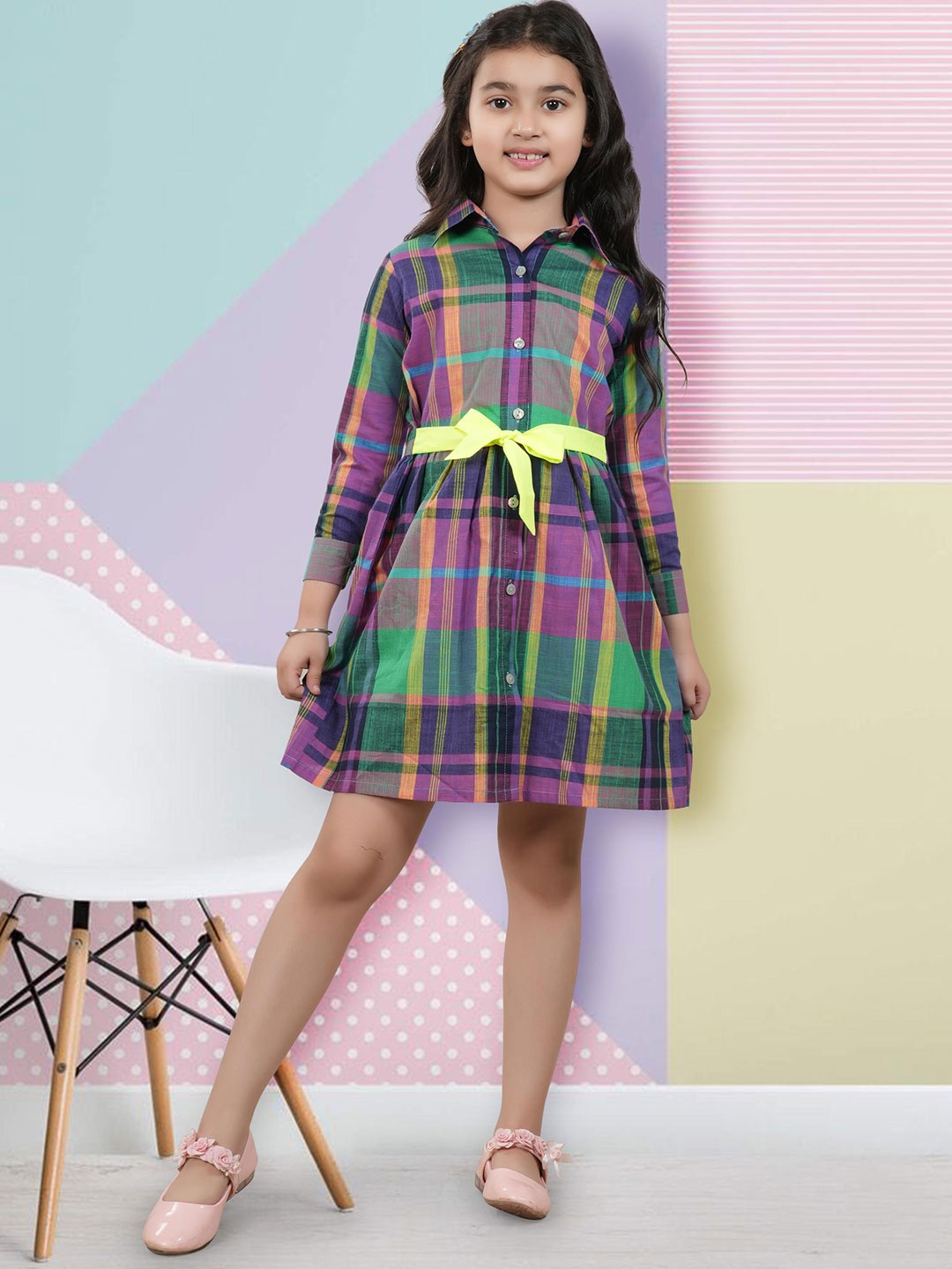 

BAESD Checked Cuffed Sleeves Shirt Dress, Multi