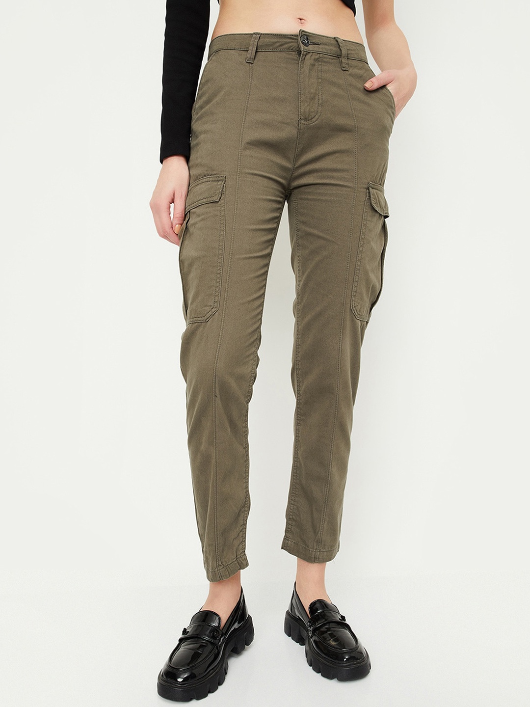 

max Women Cotton Mid-Rise Cargos Trousers, Olive