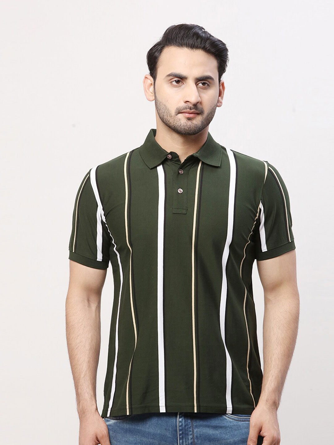 

Park Avenue Men Striped Polo Collar Applique Slim Fit T-shirt, Green