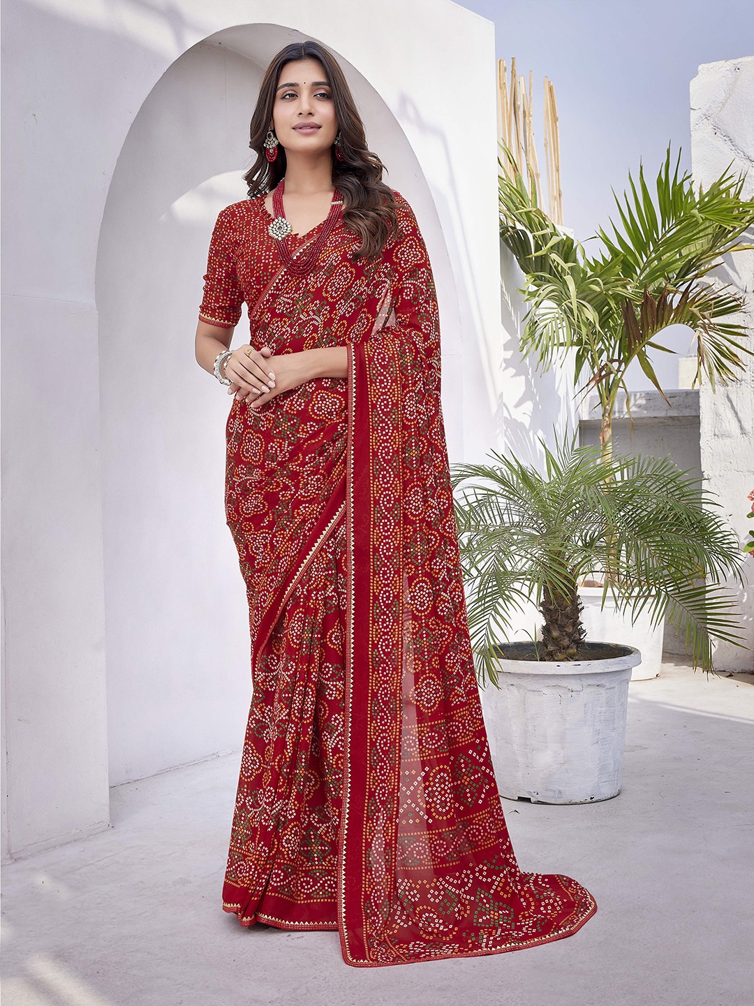

MAGMINA Bandhani Printed Pure Georgette Banarasi Saree, Red