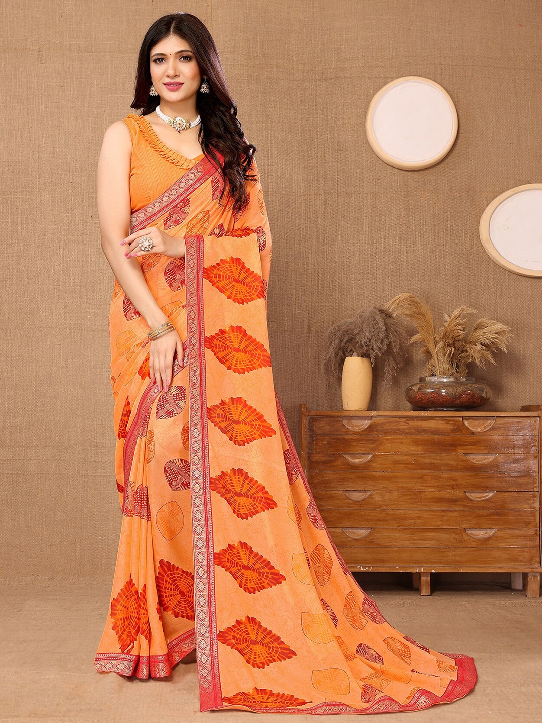 

MAGMINA Eythnic Motifs Printed Pure Georgette Banarasi Saree, Orange