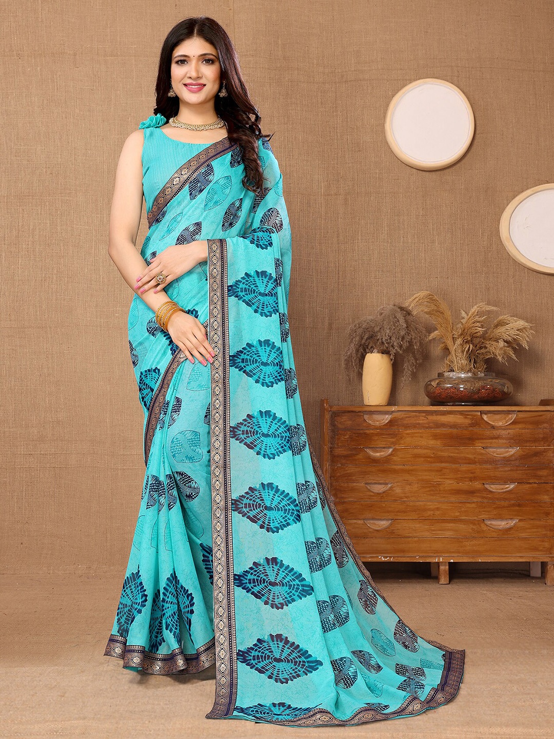 

MAGMINA Ethnic Motifs Printed Pure Georgette Banarasi Saree, Blue