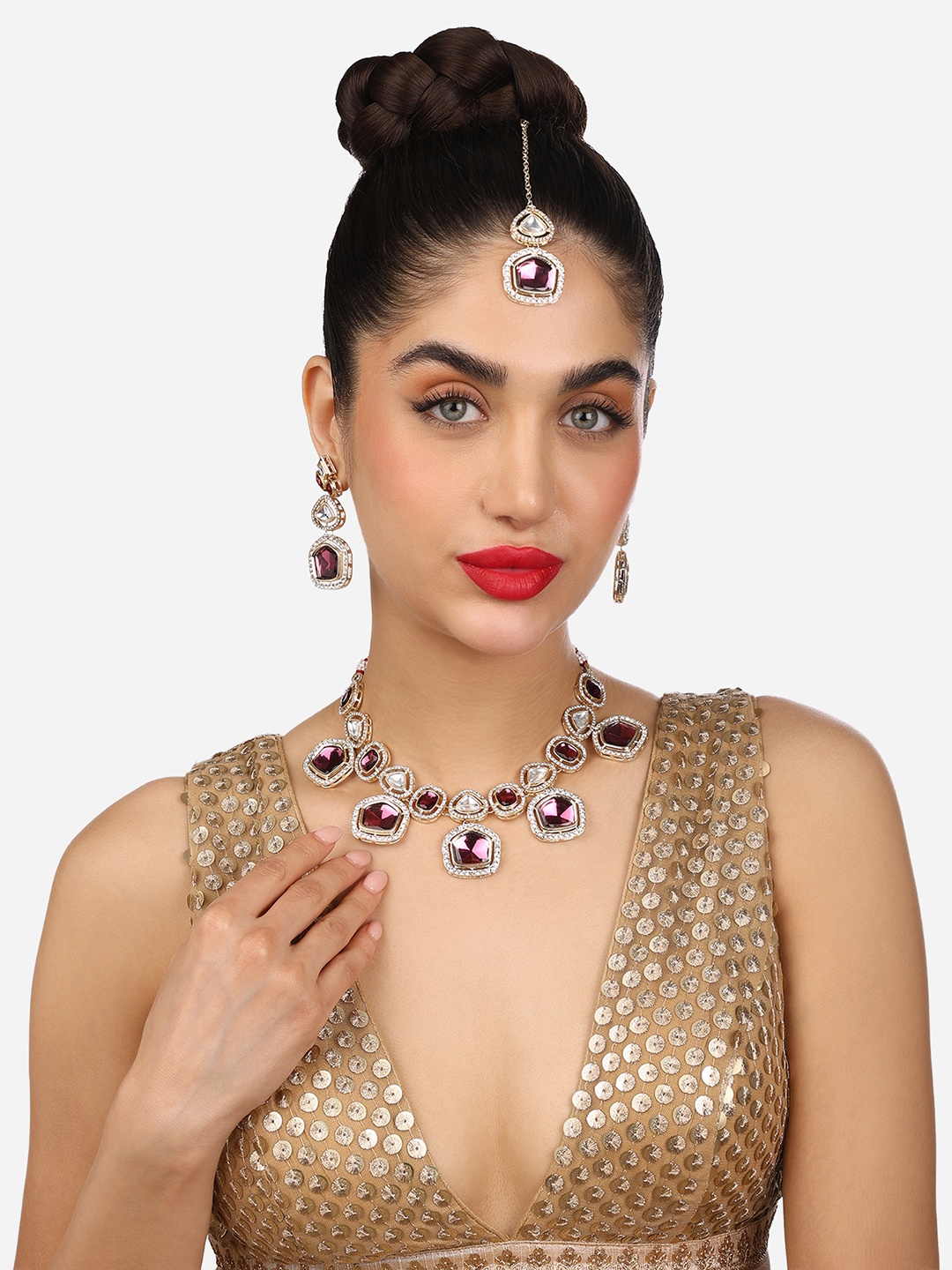 

Zaveri Pearls Gold Plated Austrian Diamond Studded Jewellery Set, Purple
