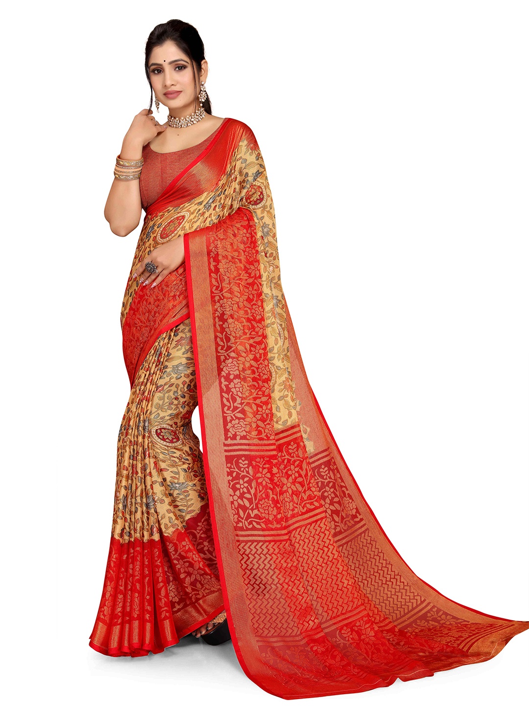 

EMV Floral Printed Zari Chiffon Saree, Yellow
